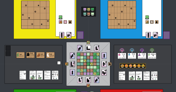 A central square grid of tiles, with 6 different colors to choose from surrounded by cards showing polyomino shapes. Two blank player grids as well.